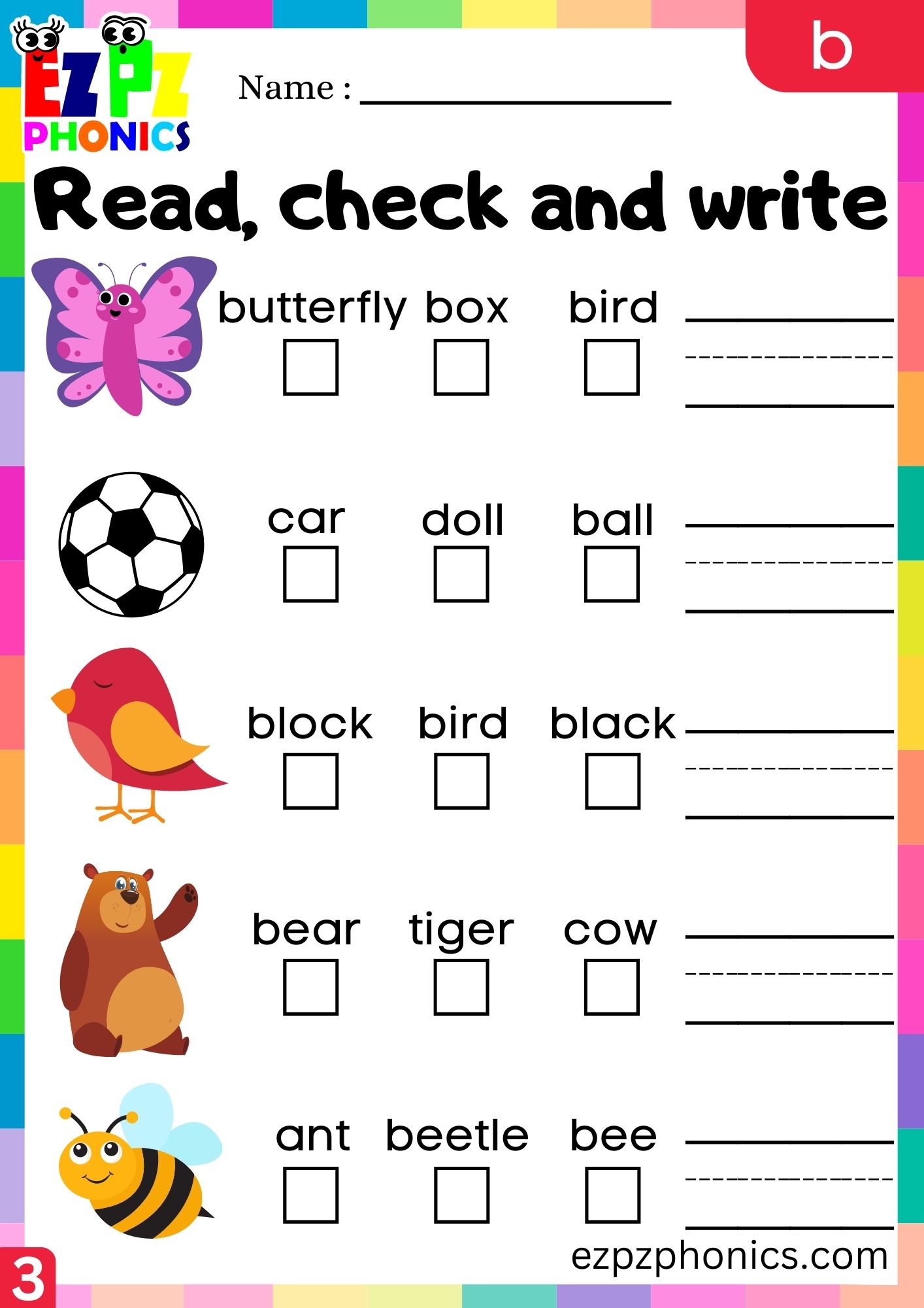 Letter B Read Check And Write Activity Group 3 - Ezpzphonics.com